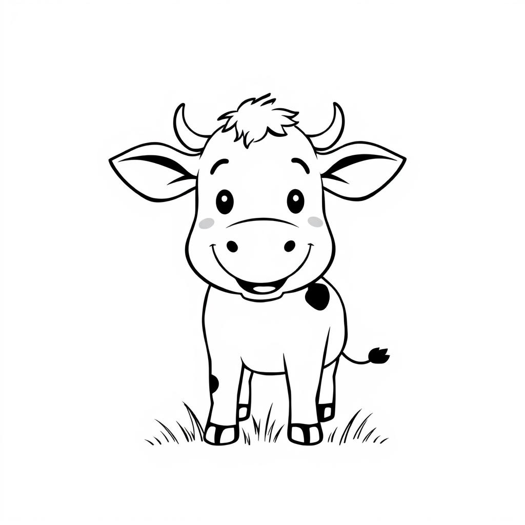 A simplistic black and white drawing of a smiling cow chewing grass, set against a clean and minimalistic white background