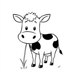 A simplistic black and white drawing of a smiling cow chewing grass, set against a clean and minimalistic white background