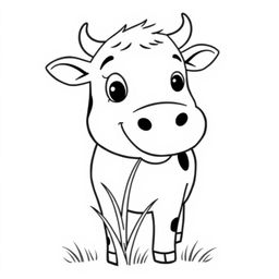 A simplistic black and white drawing of a smiling cow chewing grass, set against a clean and minimalistic white background