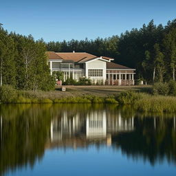 A serene house mirrored on a calm, placid lake