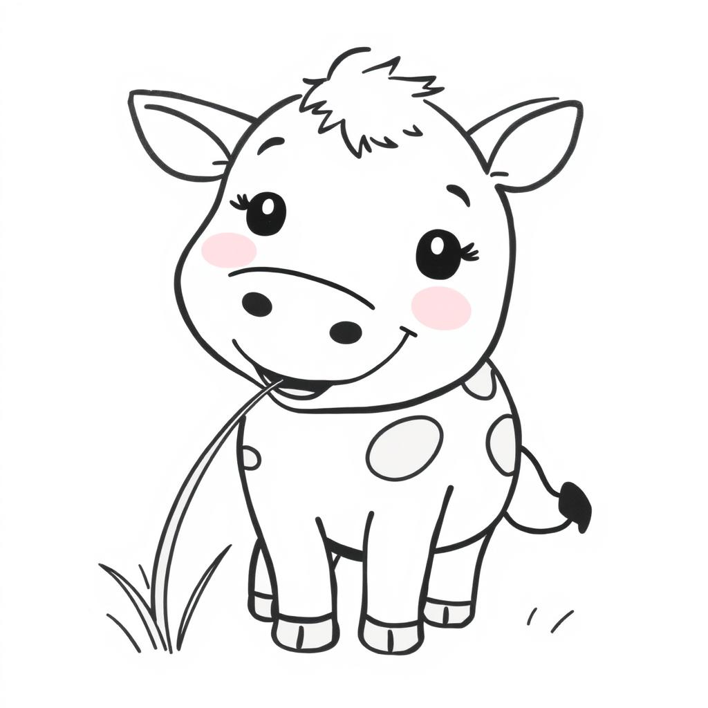 A simplistic black and white drawing of a smiling cow chewing grass, featuring a clean and minimalistic white background