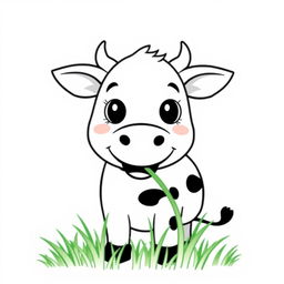 A simplistic black and white drawing of a smiling cow chewing grass, featuring a clean and minimalistic white background