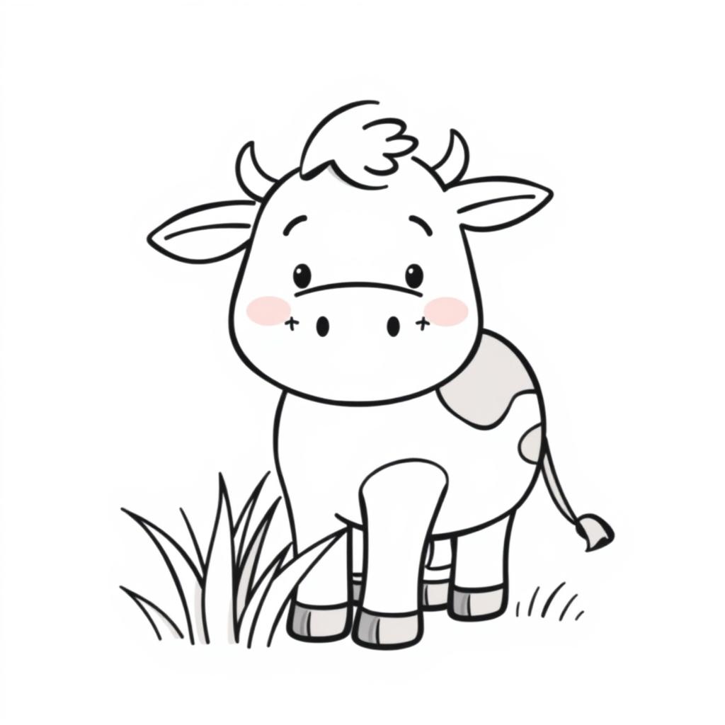 A simplistic black and white drawing of a smiling cow chewing grass, featuring a clean and minimalistic white background