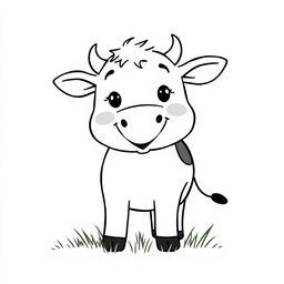 A simplistic black and white drawing of a smiling cow chewing grass, featuring a clean and minimalistic white background