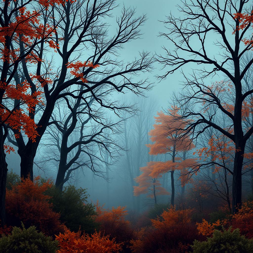 A captivating autumn forest landscape, featuring large bare trees, thick bushes, and enveloped in a mysterious fog during twilight