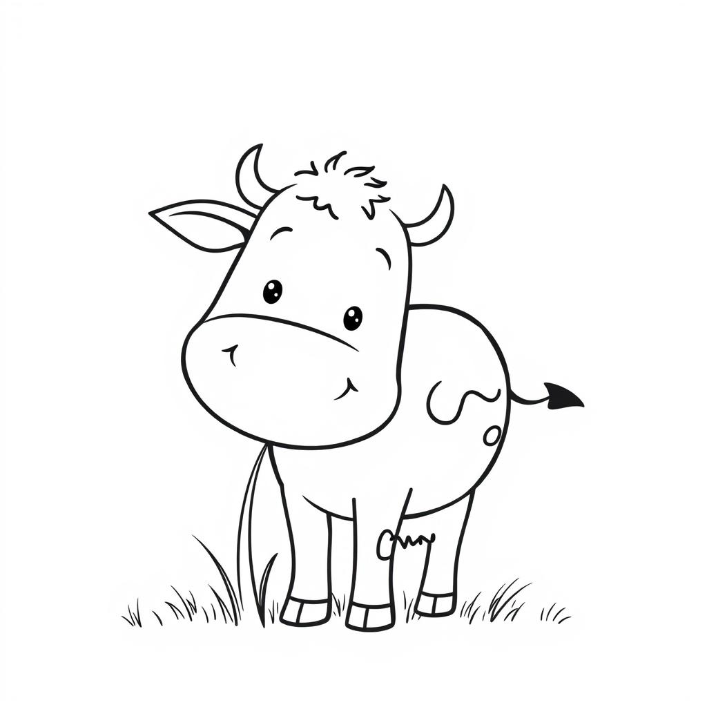 A simplistic black and white drawing of a smiling cow chewing grass, set against a pristine white background