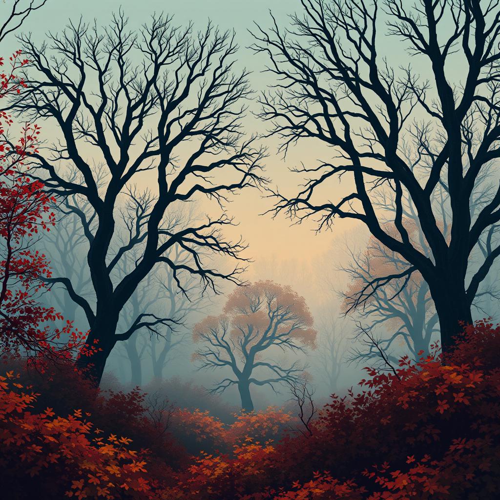 A captivating autumn forest landscape, featuring large bare trees, thick bushes, and enveloped in a mysterious fog during twilight