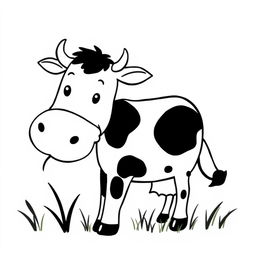 A simplistic black and white drawing of a smiling cow chewing grass, set against a pristine white background