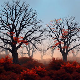 A captivating autumn forest landscape, featuring large bare trees, thick bushes, and enveloped in a mysterious fog during twilight