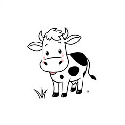 A simplistic black and white drawing of a smiling cow chewing grass, set against a pristine white background