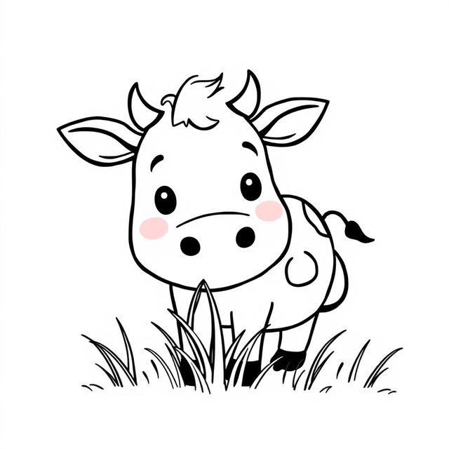 A simplistic black and white drawing of a smiling cow chewing grass, set against a pristine white background