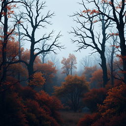 A captivating autumn forest landscape, featuring large bare trees, thick bushes, and enveloped in a mysterious fog during twilight