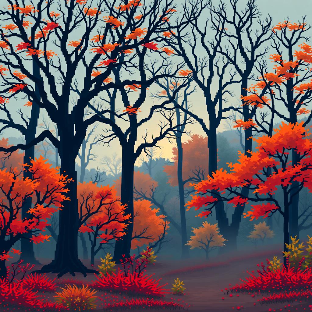 A serene autumn forest landscape depicted in pixel art style, showcasing a variety of big bare trees with intricate branches, surrounded by colorful autumn bushes in hues of orange, yellow, and red