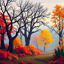 A serene autumn forest landscape depicted in pixel art style, showcasing a variety of big bare trees with intricate branches, surrounded by colorful autumn bushes in hues of orange, yellow, and red