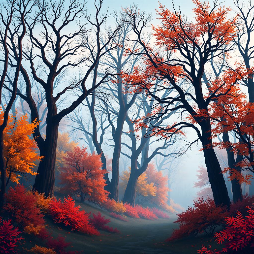 A serene autumn forest landscape depicted in pixel art style, showcasing a variety of big bare trees with intricate branches, surrounded by colorful autumn bushes in hues of orange, yellow, and red