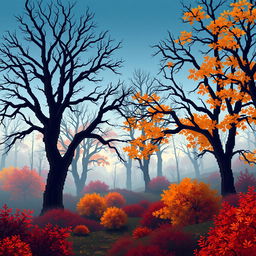 A serene autumn forest landscape depicted in pixel art style, showcasing a variety of big bare trees with intricate branches, surrounded by colorful autumn bushes in hues of orange, yellow, and red