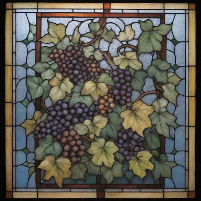 Rectangular stained glass window entwined with ivy leaves and adorned with bunches of grapes in a variety of vibrant colors.