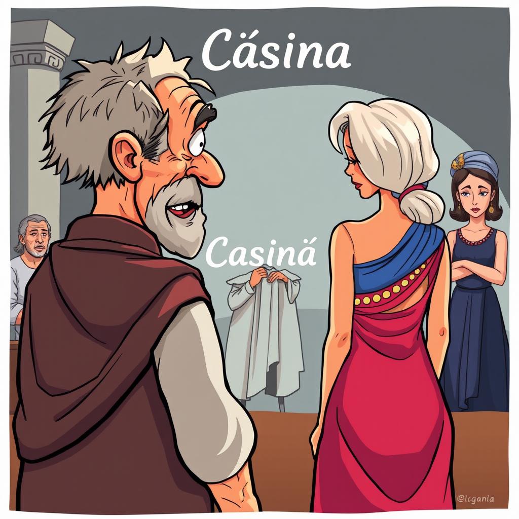 A humorous scene inspired by Greco-Roman comedy, featuring a frail old Greek man with a comical expression, hopelessly in love with a stunningly beautiful young Greek woman viewed from behind