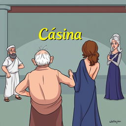 A humorous scene inspired by Greco-Roman comedy, featuring a frail old Greek man with a comical expression, hopelessly in love with a stunningly beautiful young Greek woman viewed from behind