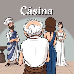 A humorous scene inspired by Greco-Roman comedy, featuring a frail old Greek man with a comical expression, hopelessly in love with a stunningly beautiful young Greek woman viewed from behind