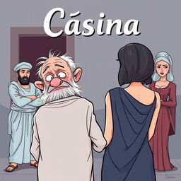 A humorous scene inspired by Greco-Roman comedy, featuring a frail old Greek man with a comical expression, hopelessly in love with a stunningly beautiful young Greek woman viewed from behind