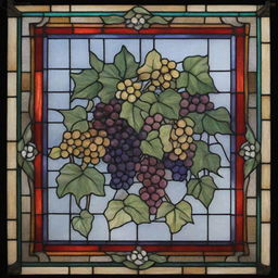 Rectangular stained glass window entwined with ivy leaves and adorned with bunches of grapes in a variety of vibrant colors.