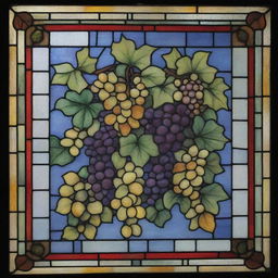 Rectangular stained glass window entwined with ivy leaves and adorned with bunches of grapes in a variety of vibrant colors.