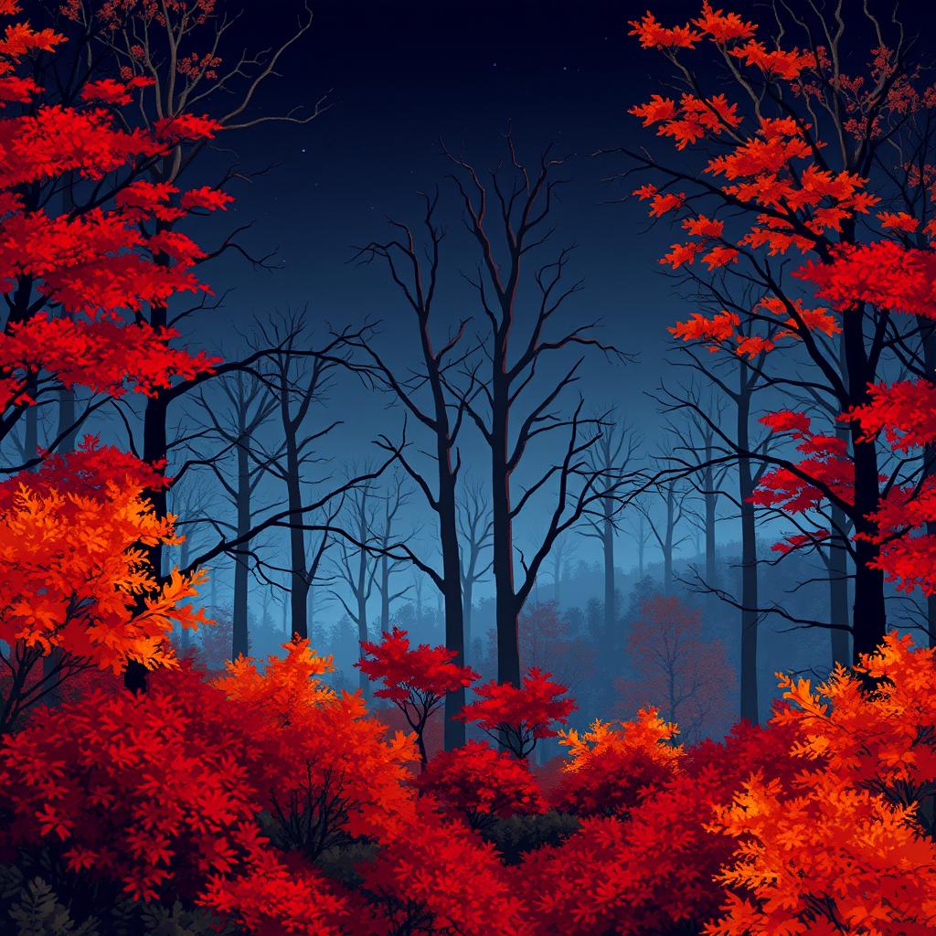 A captivating autumn forest landscape rendered in pixel art style, featuring tall, big bare trees with intricate branches silhouetted against the night sky