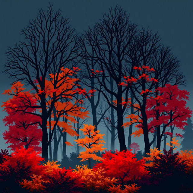 A captivating autumn forest landscape rendered in pixel art style, featuring tall, big bare trees with intricate branches silhouetted against the night sky