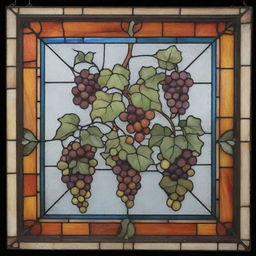 Rectangular stained glass window entwined with ivy leaves and adorned with bunches of grapes in a variety of vibrant colors.