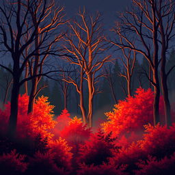 A captivating autumn forest landscape rendered in pixel art style, featuring tall, big bare trees with intricate branches silhouetted against the night sky