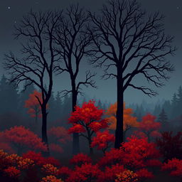 A captivating autumn forest landscape rendered in pixel art style, featuring tall, big bare trees with intricate branches silhouetted against the night sky