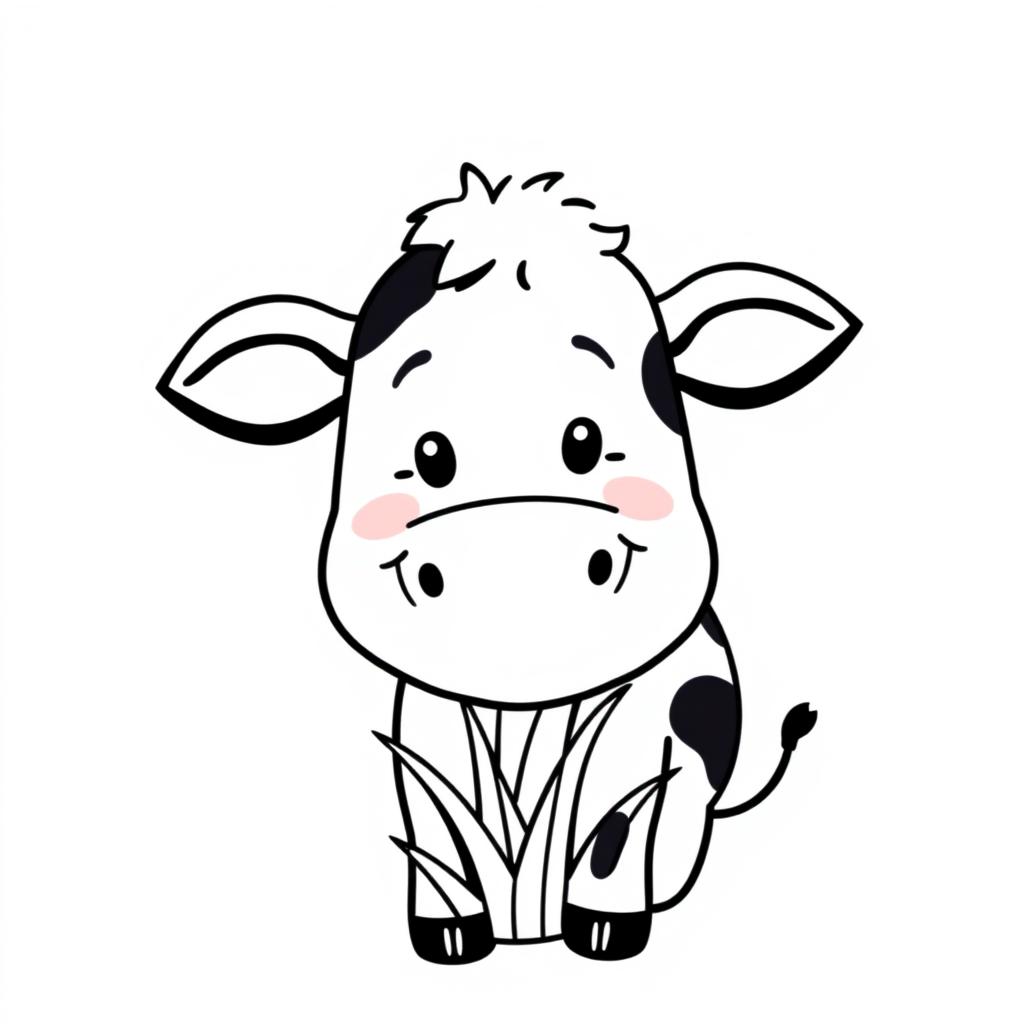 A simple black and white drawing of a smiling cow happily chewing grass, with a plain white background