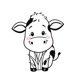 A simple black and white drawing of a smiling cow happily chewing grass, with a plain white background