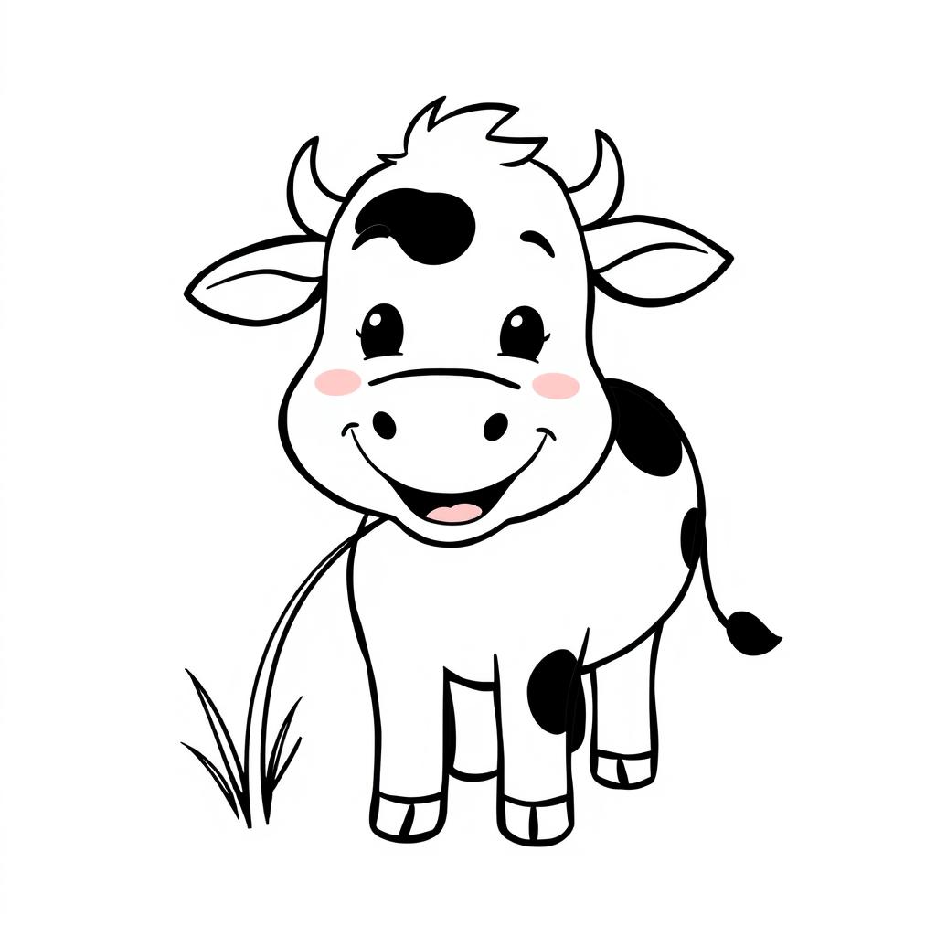 A simple black and white drawing of a smiling cow happily chewing grass, with a plain white background