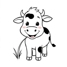 A simple black and white drawing of a smiling cow happily chewing grass, with a plain white background