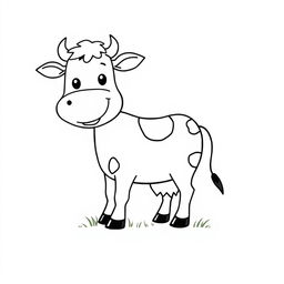 A simple black and white drawing of a smiling cow happily chewing grass, with a plain white background