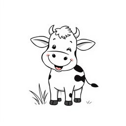 A simple black and white drawing of a smiling cow happily chewing grass, with a plain white background