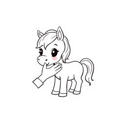 A charming black and white drawing of a cute pony receiving affection, surrounded by a simple and clean white background