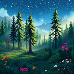 A beautiful pixel art scene depicting a serene forest in the mountains during springtime at night