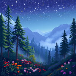 A beautiful pixel art scene depicting a serene forest in the mountains during springtime at night