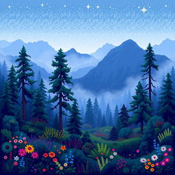 A beautiful pixel art scene depicting a serene forest in the mountains during springtime at night