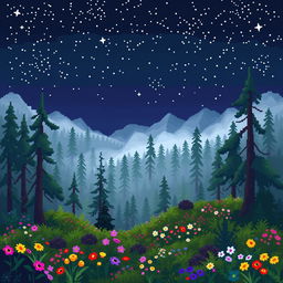 A beautiful pixel art scene depicting a serene forest in the mountains during springtime at night