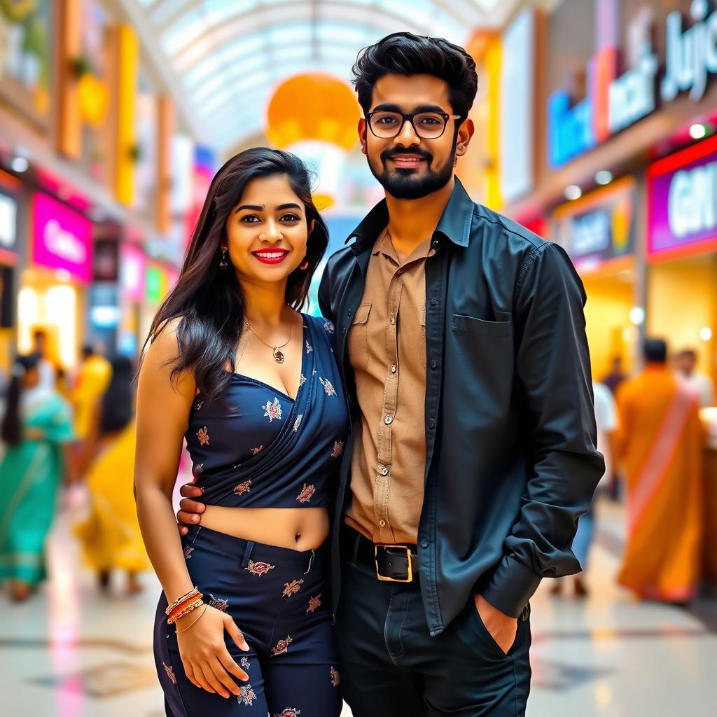 A Tamil couple in a lively Chennai mall, both looking attractive and confident