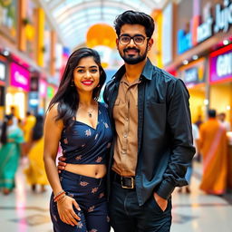 A Tamil couple in a lively Chennai mall, both looking attractive and confident