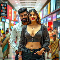 A Tamil couple in a lively Chennai mall, both looking attractive and confident