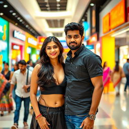 A Tamil couple in a lively Chennai mall, both looking attractive and confident