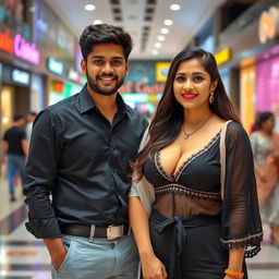 A Tamil couple in a lively Chennai mall, both looking attractive and confident