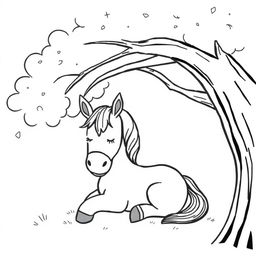 A charming black and white drawing of a horse peacefully resting under a tree, with a clean white background