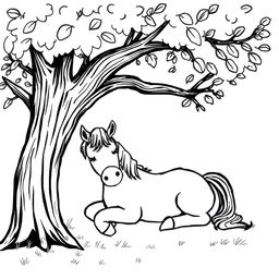 A charming black and white drawing of a horse peacefully resting under a tree, with a clean white background